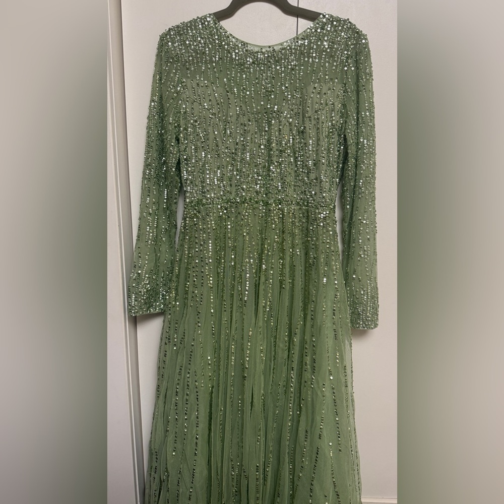 NWT| 5636 Sage Green Illusion High Neck Long Sleeve Embellished Gown Size 10 - Picture 6 of 15